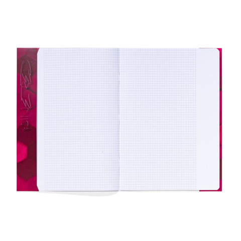 Ein offenes kariertes Notizbuch mit leeren Seiten und einem bunten, hexagonalen Randdesign.
