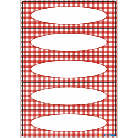 Rote kariert Hintergrund mit vier leeren ovalen Feldern für Beschriftungen oder Notizen.