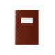 Braunes Notizbuch mit strukturiertem Cover und einem weißen Etikett auf der Vorderseite.