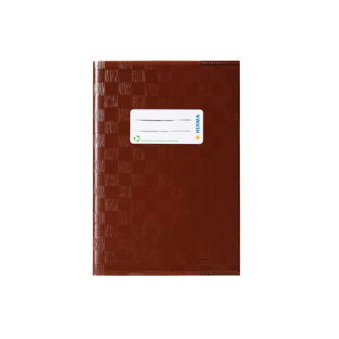 Braunes Notizbuch mit strukturiertem Cover und einem weißen Etikett auf der Vorderseite.