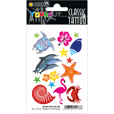 Bunte temporäre Tattoos mit Meerestieren, Blumen und Sternen, darunter Schildkröten, Delfine, Flamingos und Muscheln.
