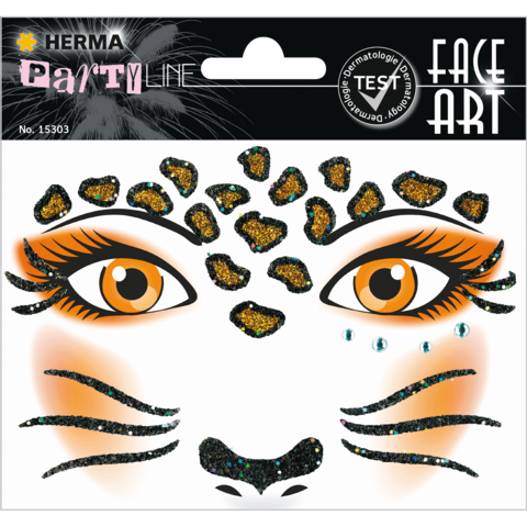 Schminkset mit Tiermotiv, das Augen und Gesicht in Leopardenmuster mit Glitzer und Strasssteinen dekoriert.