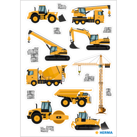 Baufahrzeuge in Gelb, darunter ein Kran, Bagger, Betonmischer und Muldenkipper, umgeben von Steinen.