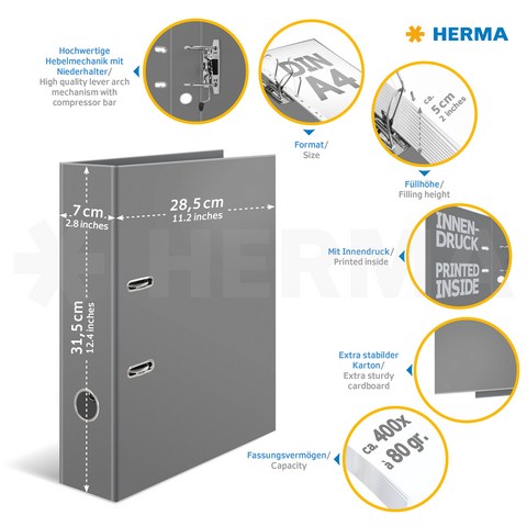 Grijze ringbandmap met hoogwaardige mechanismen, A4-formaat, capaciteit voor 400 vellen, 7 cm rugbreedte, bedrukte binnenzijde.
