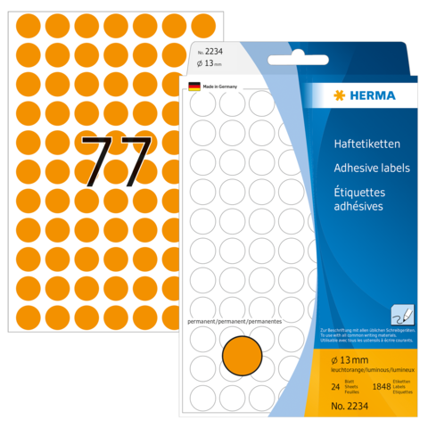 Orange Haftetiketten mit 13 mm Durchmesser, 24 Stück, auf Verpackung mit der Nummer 2234. Enthält die Aufschrift "Made in Germany".