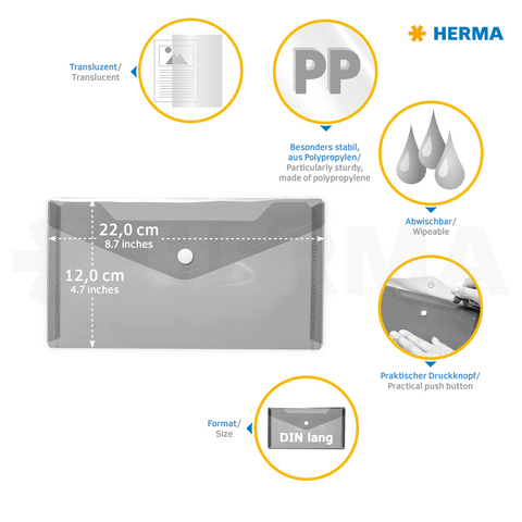 Transparante, stabiele polypropyleen map met drukknoop, formaat DIN lang (22 cm x 12 cm), afwasbaar en veelzijdig inzetbaar.