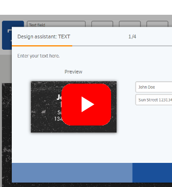 Tekstvak met plaatsaanduiders voor naam en adres, daaronder een voorbeeldgebied met een rood YouTube-symbool.
