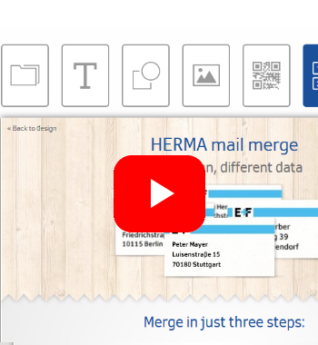 HERMA-mailmerge-toepassing met voorbeeldgegevens, inclusief namen en adressen, en een afspeelknop voor een video.