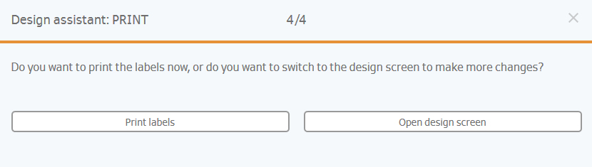 Ontwerphulp: Afdrukken, met opties om etiketten af te drukken of om het ontwerpscherm te openen voor verdere aanpassingen.